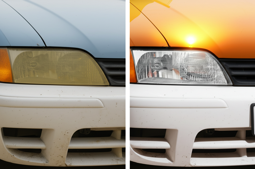 Before and after headlight restoration